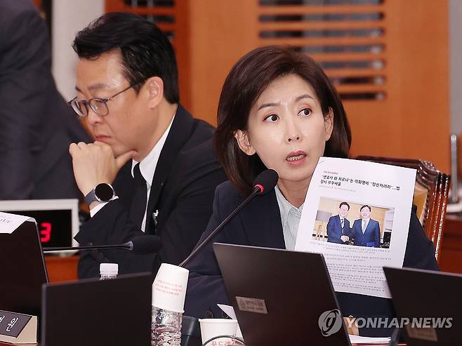 이화영 전 경기도 평화부지사에게 질의하는 나경원 의원 (서울=연합뉴스) 박동주 기자 = 14일 서울 여의도 국회에서 열린 법무부 등에 대한 법제사법위원회 국정감사에서 국민의힘 나경원 의원이 이화영 전 경기도 평화부지사에게 질의하고 있다. 2025.10.14 pdj6635@yna.co.kr