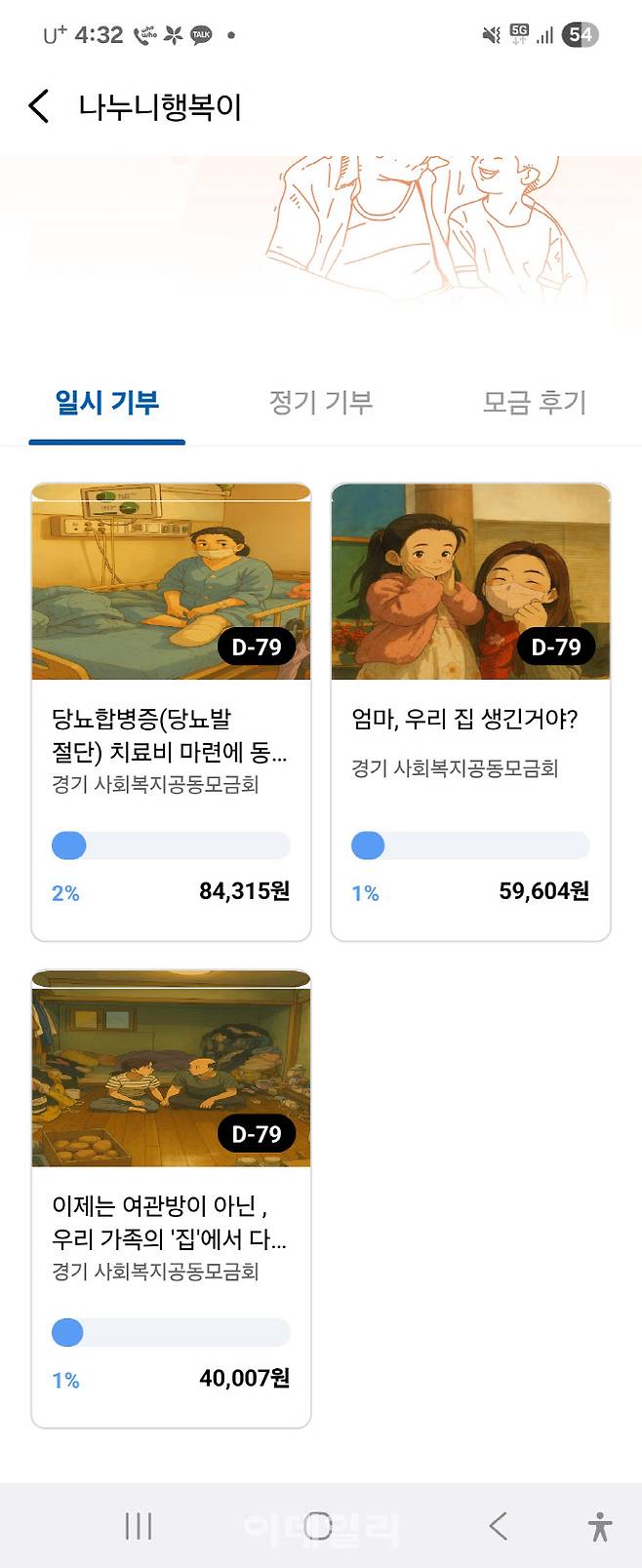 경기지역화폐 앱에서 광주시로 접속하면 볼 수 있는 기부 서비스 ‘나누니 행복이’ 실행 화면. 사연 속 기부자들에게 지역화폐 충전금으로 직접 기부할 수 있다.(사진=경기 광주시)