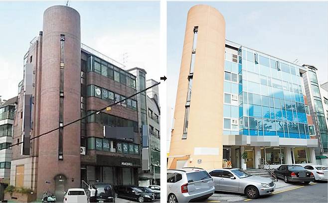 기존 건물(왼쪽) 전면부 창호를 바꾸고 외관 페인트를 새로 칠해 한결 깔끔해진 서울의 한 꼬마빌딩. 최근 신축 공사비가 크게 오르면서 리모델링을 통해 건물 가치를 높이려는 건축주가 늘고 있다. 리모델링은 신축보다 비용이 40~60%에 불과하다. /강태민 땅집고 기자