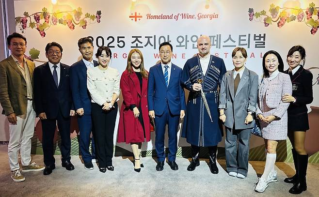 Distinguished guests pose for a photo at the 2025 Georgia Wine Festival at the Ambassador Pullman Seoul on Monday. (Sanjay Kumar/The Korea Herald)