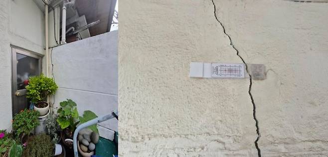 왼쪽부터 주택 벽면에 생긴 균열과 집의 기울어짐을 확인하기 위해 설치된 장치. 송보현 기자