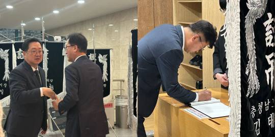 이장우 대전시장이 16일 대전 서구 을지대병원에 차려진 이상민 전 국회의원의 빈소에 들어서기 전 조원휘 대전시의회 의장과 인사를 하고 있다.(왼쪽) 최충규 대덕구청장이 같은 날 조문에 앞서 방문 명단에 이름을 적고 있다. 최다인 기자