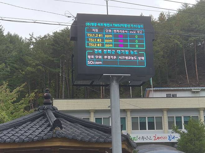 16일 석포면사무소 앞에 위치한 '영풍 석포제련소 아황산가스(TMS) 농도' 전광판에 '0'이라는 숫자가 찍혀 있다. 사진=이동혁 기자