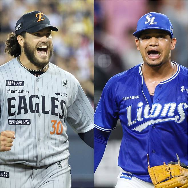 플레이오프 1차전 선발 투수로 낙점된 한화 코디 폰세(왼쪽)과 삼성 헤르손 가라비토. IS포토·구단 제공