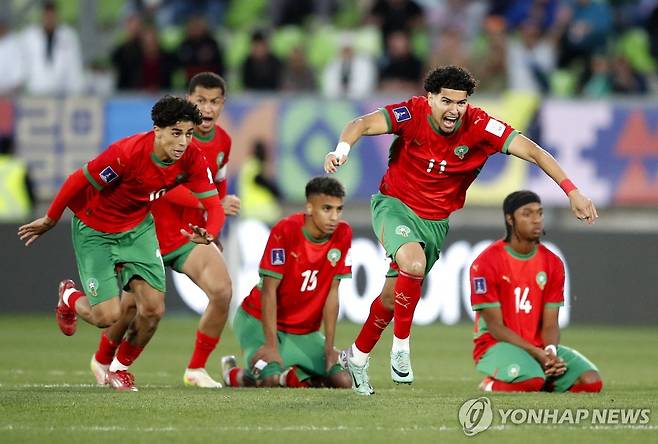 승부차기에서 승리가 확정되자 기뻐하는 모로코 선수들. [로이터=연합뉴스]