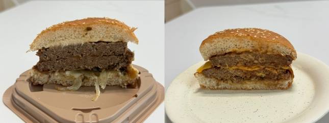 블랙페퍼더블버거(왼쪽)와 더블비프치즈버거 단면/사진=김다이 기자 @neverdie