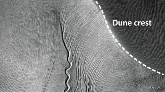 화성 궤도에서 화성 모래 언덕을 가로지르는 구불구불한 협곡을 관측한 모습 (출처=NASA/JPL/애리조나 대학교)