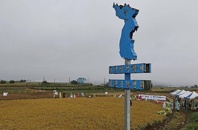민간인출입통제구역 안 평화로. 통일쌀 경작지를 알리는 커다란 한반도 모양의 조형물이 세워져 있다.
