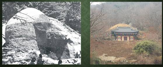 1960년대 석굴암을 보수하기 위해 표면 흙더미를 걷어내자 모습을 드러낸 일제 때의 방수층(왼쪽)과 수리공사 이후 모습. 경주 석굴암의 유네스코 세계유산 등재 30년 기념 계명대 국제학술회의 자료집 중 강희정 교수의 발표문 '원형과 변형: 박정희 시대 석굴암 수리공사’에 수록된 자료다.