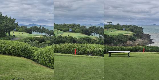 파인비치 15번 홀 각 티잉구역에서 본 전경. 가장 왼쪽이 골드티. 이번 대회에서 티잉구역으로 사용됐다. 가운데가 화이트티, 오른쪽이 블루티다. 성호준 기자