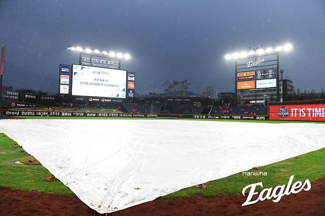 17일 대전 한화생명볼파크에 대형 방수포가 설치된 모습. 17일에 열릴 예정이었던 1차전은 경기 개시 전에 내린 많은 비로 인해 우천 취소됐다. 삼성과 한화의 플레이오프 1차전은 18일 오후 2시에 열릴 예정이다. 사진제공｜한화 이글스