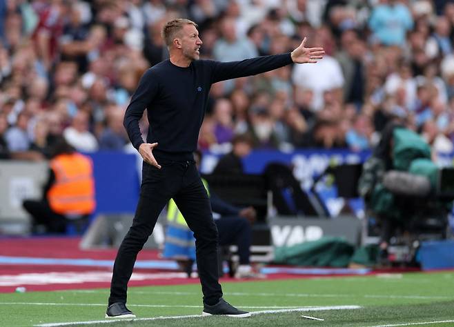 Soccer Football - Premier League - West Ham United v Crystal Palace - London Stadium, London, Britain - September 20, 2025 West Ham United manager Graham Potter reacts Action Images via Reuters/John Sibley EDITORIAL USE ONLY. NO USE WITH UNAUTHORIZED AUDIO, VIDEO, DATA, FIXTURE LISTS, CLUB/LEAGUE LOGOS OR 'LIVE' SERVICES. ONLINE IN-MATCH USE LIMITED TO 120 IMAGES, NO VIDEO EMULATION. NO USE IN BETTING, GAMES OR SINGLE CLUB/LEAGUE/PLAYER PUBLICATIONS. PLEASE CONTACT YOUR ACCOUNT REPRESENTATIVE FOR FURTHER DETAILS..<저작권자(c) 연합뉴스, 무단 전재-재배포, AI 학습 및 활용 금지>