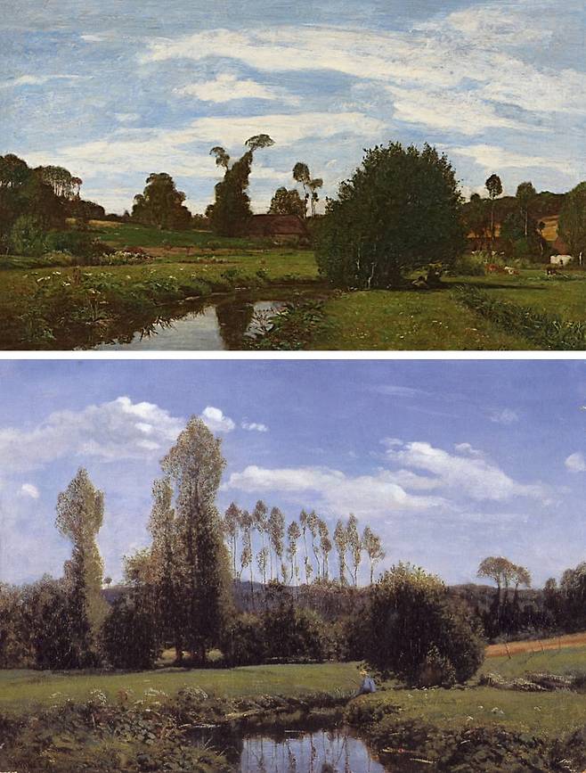 부댕의 가르침을 받은 모네가 1858년 완성한 ‘루엘 근처 풍경’(아래)과 부댕이 1857~1858년 무렵 같은 풍경을 그린 작품(위)을 비교해 보면 그 영향력을 유추할 수 있다. /일본 마루누마 아트파크