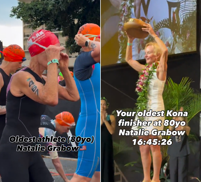 지난 11일 하와이에서 열린 아이언맨 월드 챔피언십에서 완주에 성공한 나탈리 그래보우(80). 사진=엑스(@IRONMANtri) 캡처