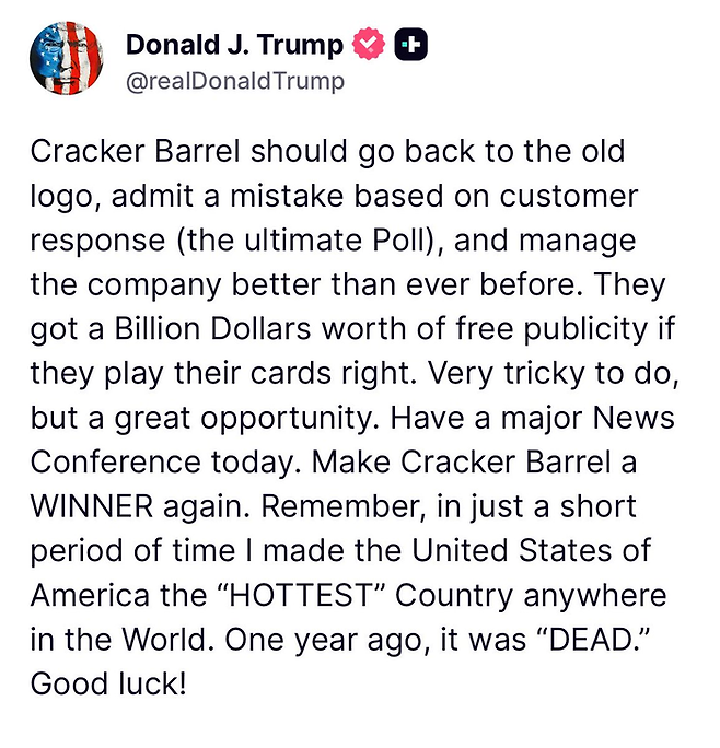 크래커 배럴을 비판하는 트럼프 대통령의 게시글. 자료=트루스소셜