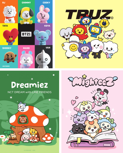 IPX가 전개 중인 K팝 IP들. 왼쪽 상단부터 시계 방향으로 BT21, 트루즈(TRUZ), 마이티즈(MIGHTEEZ), 드리미즈(Dreamiez). (IPX 제공)