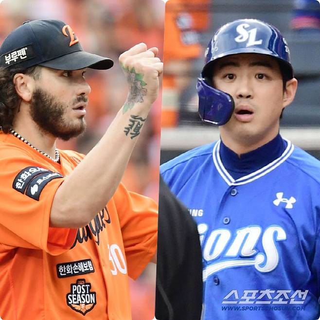 18일 대전 한화생명볼파크에서 열린 삼성과 한화의 PO 1차전. 3회초 무사 1, 3루. 한화 폰세의 투구에 불만을 나타내고 있는 삼성 구자욱. 대전=송정헌 기자songs@sportschosun.com/2025.10.18/