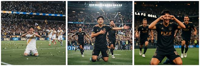 3가지 이미지 생성 모델에 '손흥민 선수가 골을 넣고 세레모니를 하는 모습을 그려달라'라고 지시한 결과물. 왼쪽부터 구글 나노 바나나, MS MAI, 오픈AI 챗GPT./LMArena 캡처