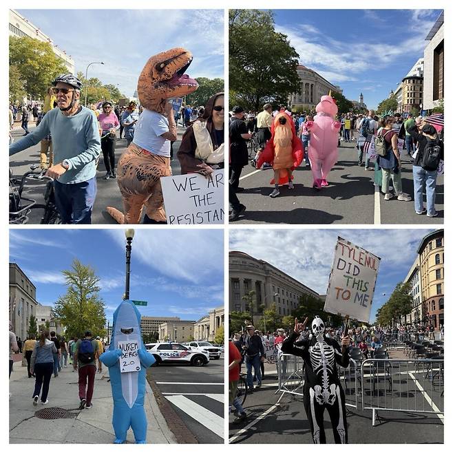 18일(현지시각) 미국 워싱턴 중심 펜실베이니아 에비뉴에는 ‘노 킹스(No Kings)’ 시위에 참석하려는 수만명의 사람들이 몰려든 가운데 다람쥐, 유니콘, 공룡, 외계인 등의 복장을 한 참가자들도 눈에 띄었다. ‘시위대는 테러리스트’라는 트럼프 행정부의 주장을 조롱하기 위해, 오리건주 포틀랜드의 활동가들이 처음 착용한 개구리 복장에서 비롯된 것으로 보인다. 워싱턴/김원철 특파원