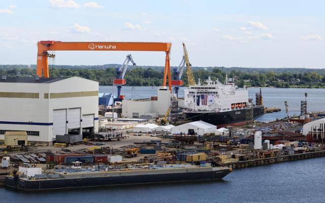 8월 26일 미국 펜실베이니아주 필라델피아의 한화 필리조선소에 미국 해양청 발주 국가안보 다목적선 '스테이트 오브 메인'호가 정박해 있다. 필라델피아=뉴시스