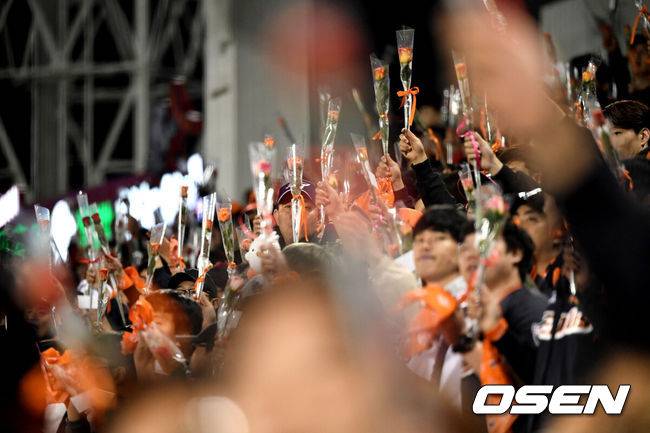 [OSEN=대전, 최규한 기자] 19일 오후 대전 한화생명이글스파크에서 '2018 신한은행 MY CAR KBO리그 포스트시즌' 준플레이오프 1차전 한화 이글스와 넥센 히어로즈의 경기가 열렸다.4회말 한화 홈 팬들이 장미꽃을 들고 응원을 펼치고 있다. /dreamer@osen.co.kr