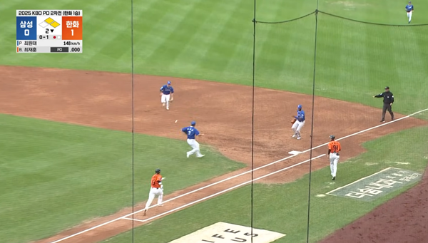 베이스 맞고 굴절되자 그제서야 전력질주를 펼치는 최재훈. ⓒTVING