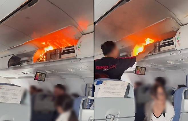 지난 18일 인천행 중국 여객기 안에서 발생한 리튬 배터리 화재. 사진=웨이보 캡처