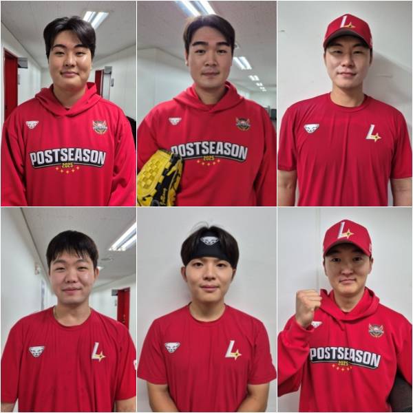 이번 준플레이오프에서 가을야구를 처음 경험한 SSG 주요 선수들. 왼쪽 위부터 시계 방향으로 1루수 고명준, 오른손 불펜 전영준, 거포 류효승, 왼손 선발 김건우, 2루수 정준재, 왼손 불펜 박시후. 이 중 김건우를 제외하고 마무리 캠프 명단에 이름을 올렸다. 대구=배중현 기자&nbsp;