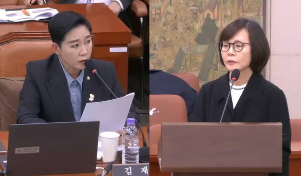 ▲김재원 조국혁신당 의원(왼쪽)과 한은경 한국광고자율심의기구 위원장(오른쪽)이 20일 국회 문화체육관광위원회 국정감사에서 발언하고 있다. 사진=국회방송 갈무리