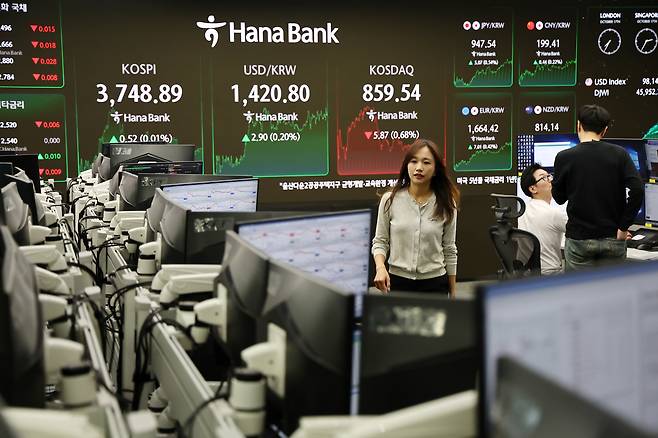 코스피가 0.52p(0.01%) 오른 3,748.89에 장을 종료한 지난 17일 서울 명동 하나은행 본점 딜링룸에서 딜러들이 업무를 보고 있다. [연합]