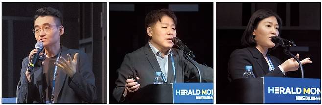 ‘헤럴드머니페스타 2025’에서 염승환(왼쪽부터) LS증권 리테일사업부 이사, 노근창 현대차증권 리서치센터장, 엄경아 신영증권 연구위원이 강연하고 있다.  이상섭·임세준 기자