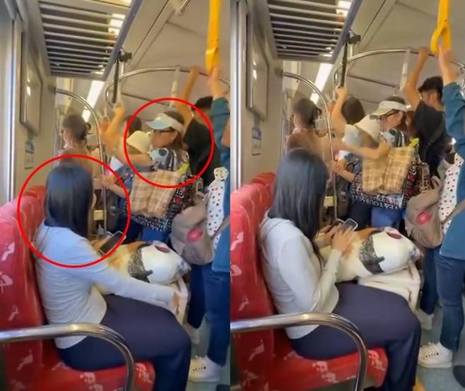 대만의 한 열차에서 한 노인(오른쪽 원)이 우선석에 앉아 있는 임신부를 향해 자리 양보를 요구했다 거절당하자 막말을 한 것으로 전해졌다. 페이스북 캡처