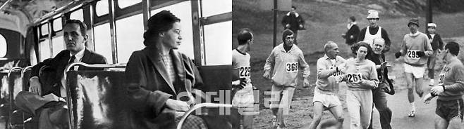 1955년 앨라배마주 몽고메리에서 버스 좌석을 백인 승객에게 양보하라는 부당한 명령을 거부한 로자 파크스(왼쪽)와 여성의 장거리 달리기에 대한 인식을 바꾸는 데 결정적인 역할을 한 미국의 운동가이자 마라토너인 캐서린 스위처(사진=이데일리 w페스타)