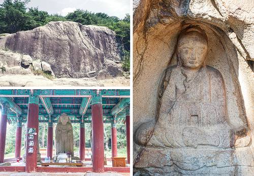 (왼쪽 상단부터 시계방향으로)삼릉골 마애선각 육존불, 인자한 미소의 불곡 마애여래좌상, 몸에 비해 머리가 큰 배동 석조여래삼존입상