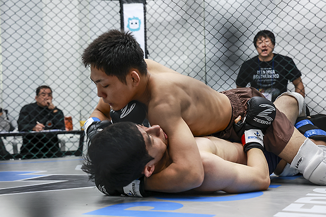 일본 명문 ‘이시쓰나 MMA’ 한국 원정팀 마쓰모토 게이고가 김태영에게 올라타 강력한 그라운드 앤드 파운드를 퍼붓고 있다. 사진=스탠다드앤드프로그레스 스포츠에이전시