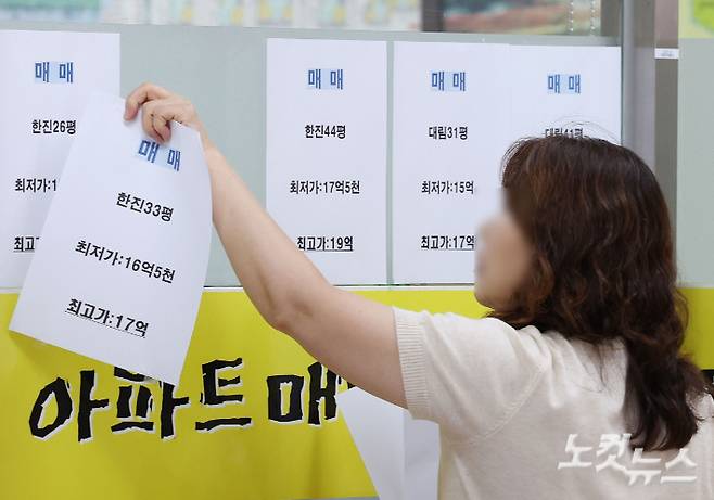 정부가 전날 발표한 '10·15 부동산 대책'으로 주택시장이 충격에 빠진 가운데 16일 오후 서울 성동구의 한 공인중개사무소 앞에서 직원이 매물 안내문을 떼고 있다. 류영주 기자