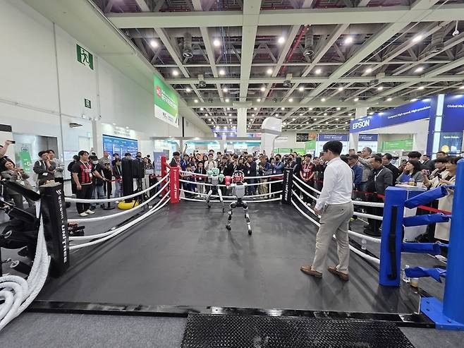 ▲ 22일 대구 엑스코에서 FIX 2025가 개막한 가운데 영인모빌리티에서 개발한 휴머노이드 로봇 2대가 관중 속에서 치열한 격투를 벌이고 있다. 전재용 기자