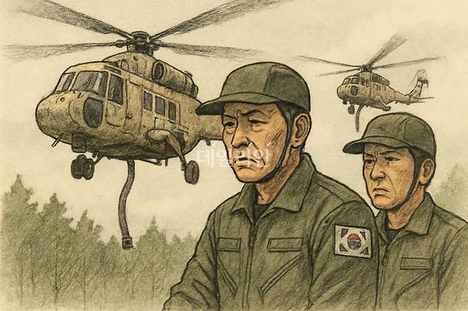 산불 진화 등 재난 현장에 투입되는 헬기 10대 중 7대가 기령 30년을 넘긴 노후기체인 것으로 나타났다. ⓒ데일리안 AI 삽화 이미지