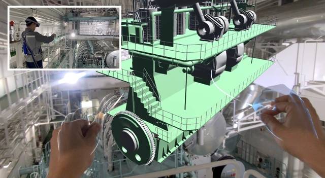 삼성중공업이 22일 ‘갤럭시XR’을 활용해 선박 엔진을 검사하는 모습을 시연하고 있다. 삼성중공업 제공.