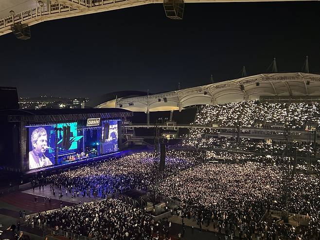 Oasis performs at the Goyang Sports Complex as part of its Oasis Live '25 Tour on Tuesday. (Park Jun-hee/The Korea Herald)