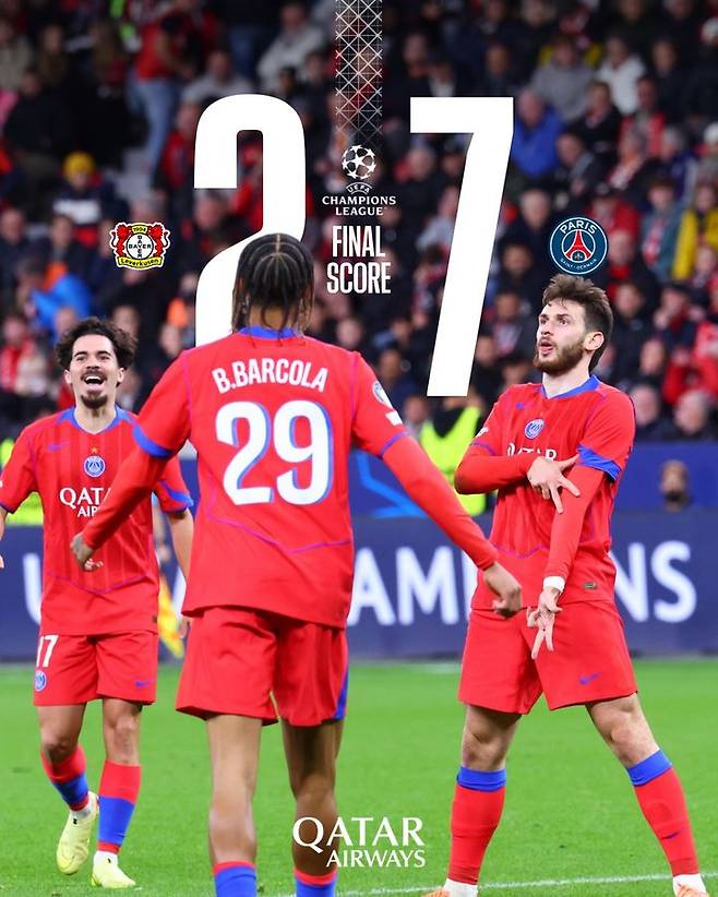[서울=뉴시스] 파리 생제르맹(PSG·프랑스), 레버쿠젠과의 2025~2026시즌 유럽축구연맹(UEFA) 챔피언스리그(UCL) 리그 페이즈 3차전 홈 경기서 7-2 대승. (사진=PSG SNS 캡처) 2025.10.22. photo@newsis.com *재판매 및 DB 금지