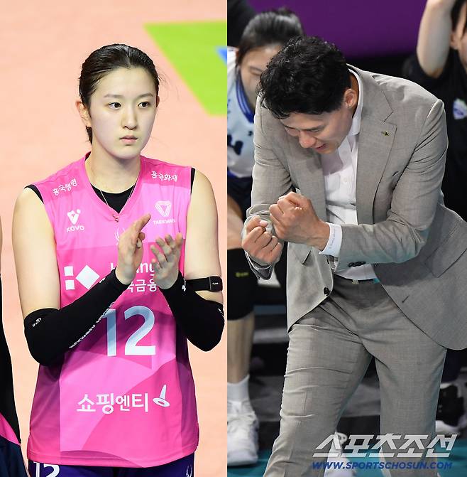 두 주먹 불끈 쥐며 환호한 현대건설 강성형 감독, 친정팀과의 첫 대결에서 웃지 못한 흥국생명 이다현. 인천=정재근 기자 cjg@sportschosun.com