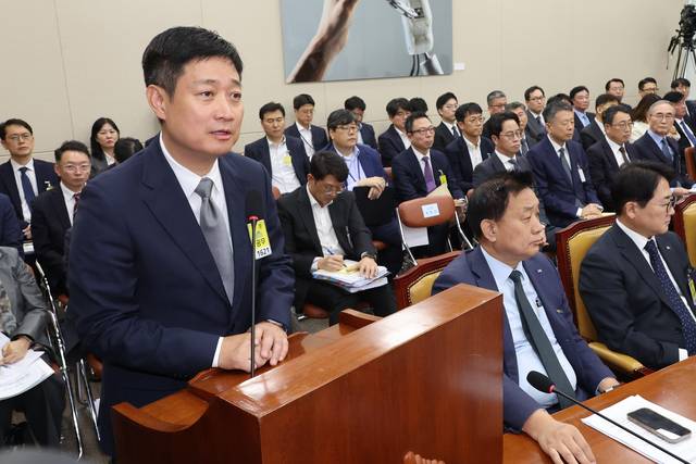 국회 과학기술정보방송통신위원회에서 지난 21일 열린 정보통신기술(ICT) 분야 산하기관 국정감사에서 홍범식 LGU+ 대표가 해킹 사태와 관련한 위원 질의에 답하고 있다. 연합뉴스