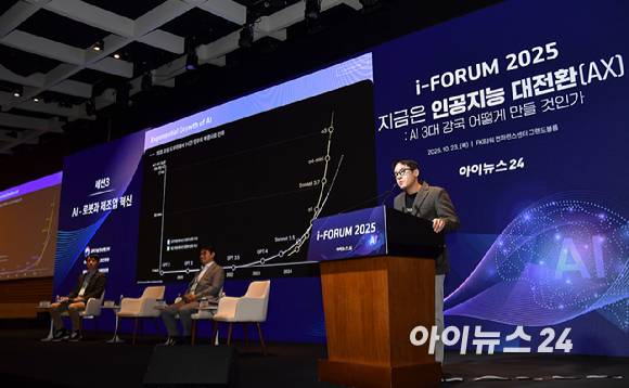 종합경제미디어 아이뉴스24가 23일 서울 영등포구 여의도동 FKI타워컨퍼런스센터에서 '아이포럼2025-지금은 인공지능 대전환(AX):AI 3대 강국 어떻게 만들 것인가' 컨퍼런스를 개최했다. 윤성호 마키나락스 대표가 발표를 하고 있다. [사진=곽영래 기자]