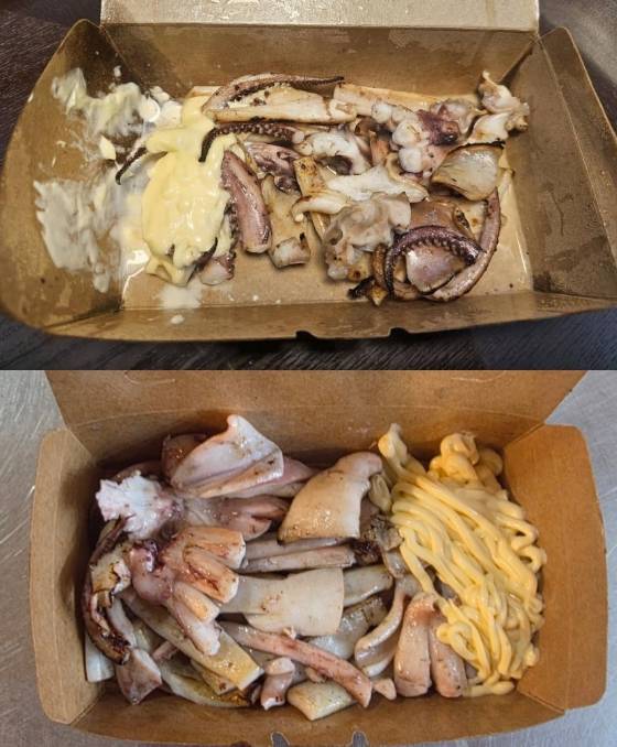 사진은 온라인 커뮤니티 보배드림에 게시된 철판오징어 사진(위)과 서귀포매일올레시장 상인회가 제공한 철판오징어 사진 [사진=온라인 커뮤니티, 상인회]