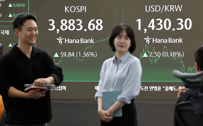 22일 서울 중구 하나은행 딜링룸 현황판에 코스피 지수 등이 표시되고 있다. [연합뉴스]