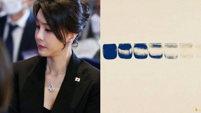 2022년 6월 나토 순방 당시 반클리프 아펠 목걸이를 착용한 김 여사(왼쪽), 이우환 화백의 그림 점으로부터 No.800298(오른쪽). /사진=뉴시스