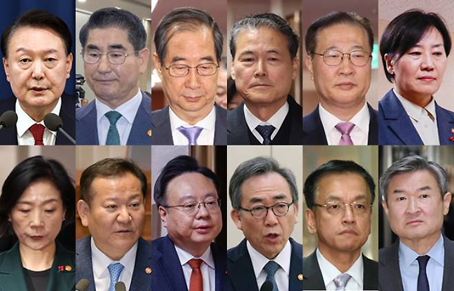사진은 (왼쪽부터 시계방향으로) 2024년 12월 3일 밤 비상계엄을 선포한 윤석열 전 대통령과 이를 심의하는 국무회의에 참석한 김용현 전 국방장관, 한덕수 전 국무총리, 김영호 전 통일부 장관, 박성재 전 법무부 장관, 송미령 농림축산식품부 장관, 조태용 전 국가정보원장, 최상목 전 경제부총리 겸 기획재정부 장관, 조태열 전 외교부 장관, 조규홍 전 보건복지부 장관, 이상민 전 행정안전부 장관, 오영주 전 중소벤처기업부 장관. 윤창원·박종민·국회사진취재단·대통령실 제공