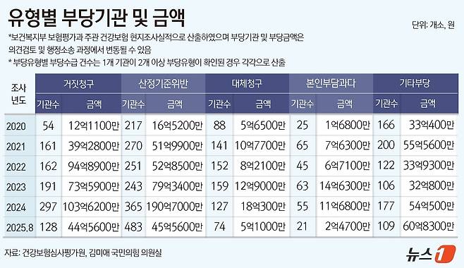 유형별 부당기관 및 금액 (심평원, 김미애 의원실 제공) ⓒ News1 윤주희 디자이너