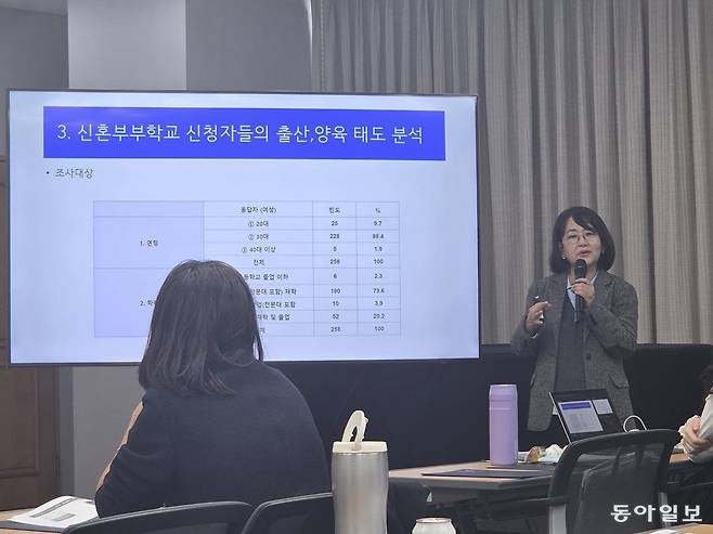 24일 서울 중구 서울 YWCA와 유한킴벌리가 주최한 ‘저출생 시대, 성평등 돌봄사회로의 전환:가족과 일터의 해법’ 토론회에서 신경아 한림대 사회학과 교수가 발표하고 있다. 방성은 기자 bbang@donga.com